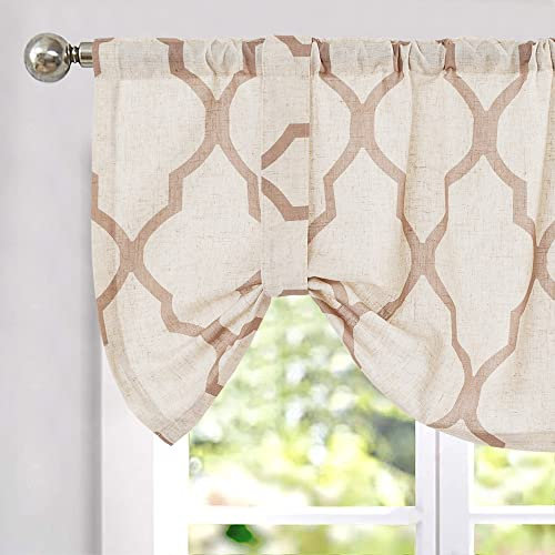 TOPICK Leinen-Optik Gardinen 1 Stück 45Hx127B(cm)-1PC Geometrische Scheibengardinen Marokkanische Vorhänge Verdunklung Küchenvorhang Braun auf Beige