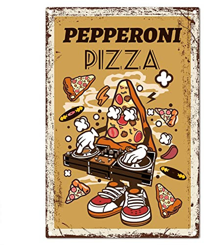 CREATCABIN Pepperoni Pizza Signe en Métal Tin Signes Vintage Rétro Musique pour Plaque Affiche Bar Pub Garage Restauration Rapide Café Maison Décoration Murale 8 x 12 Pouce