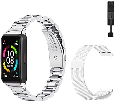 2 Stücke Armband für Huawei Band 6 Uhrenarmband Metall Edelstahl + Magnetisch Metall Mesh Ersatz Armband für Huawei Band 6 Schnellspanner Metallarmband (Silber,Band 6)