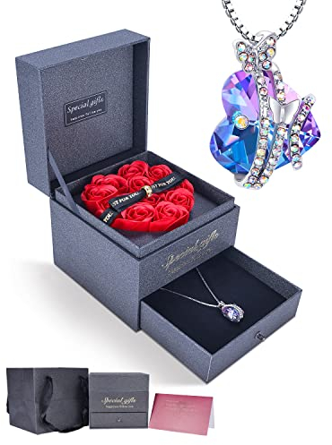 IMMORROSA Ewige Rose mit Kristall Schmetterling Halskette, Konservierte Rose Box mit Halskette, Geschenk mit Verpackung, Geburtstagsgeschenk für Frauen, Mama, Valentinstag, Geburtstag, Weihnachten