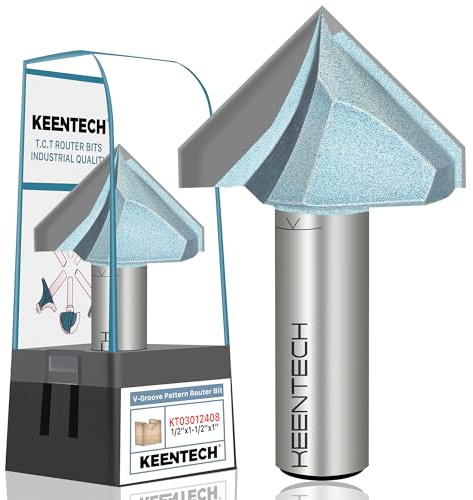 KEENTECH 90 Degree V Groove Router Bit for Woodworking with 1/2 Shank, Industrial Grade Carbide, 1-1/2 Diameter x 1 Cutting Depth, with Storage Case