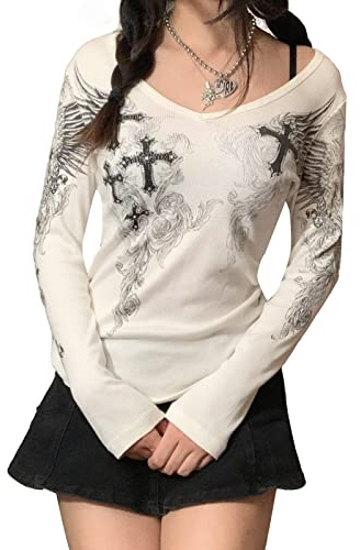 Women Y2K Long Sleeve Top Tee Sexy Gothic Cross Wings Print Patchwork V Neck Basic Slim Fit Blouse Tops Vintage Fairy Grunge Streewear