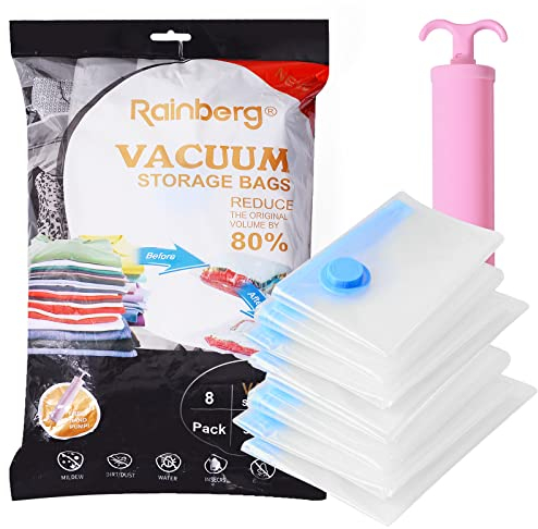 Rainberg Premium Vacuum Storage Bags 8 Pack Jumbo size, 80% More Storage, Vacuum Sealer Bag with Double-Zip Seal and Triple Seal Turbo-Valve for Max Space Saving in a storage bag. (Jumbo(80 x 110))