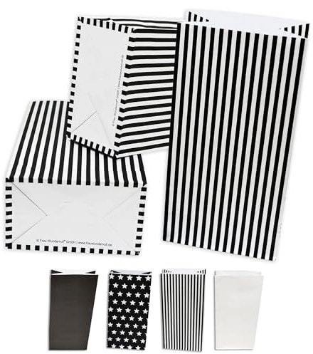 Frau WUNDERVoll® 12 Papiertüten mit Boden, schwarz matt weiße Streifen, 12x7x24cm / Blockbodenbeutel Tüte Papierbeutel Papiertüte Geschenktüte Geschenkbeutel Gastgeschenk Hochzeit Falttasche
