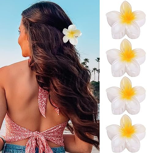 GQLV Lot de 4 pinces à cheveux à griffes en forme de fleur blanche pour cheveux épais/fins, maintien ferme, style hawaïen, pour femmes et filles, cadeau de vacances
