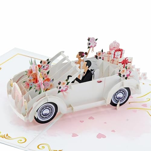 Favour Pop Up® 3D Glückwunschkarte zur Hochzeit – Großformat 15x20cm – Rosen Oldtimer Hochzeitsauto mit Brautpaar – eine exklusive Pop-Up-Karte, die beeindruckt