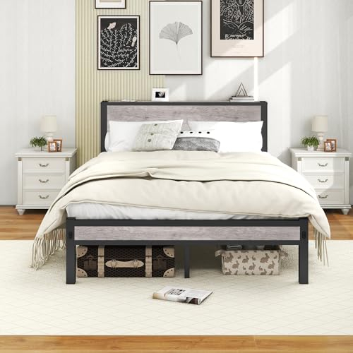 Double Bed Frames with Storage Wooden Headboard, Metal 4ft Bed Frame Double Bed Base/Mattress Foundation, Enhanced Support Noise Free, Black+Grey Oak1