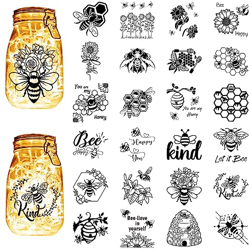 CREATCABIN 24Pcs Bee Sunflower Mason Jar Decor Lantern Laser Cutouts Decorations Plastic Scrapbook Decorations for Jars Wall Windows Glass Car Home Office Decor DIY Craft Gifts Black 3.9x3.5Inch