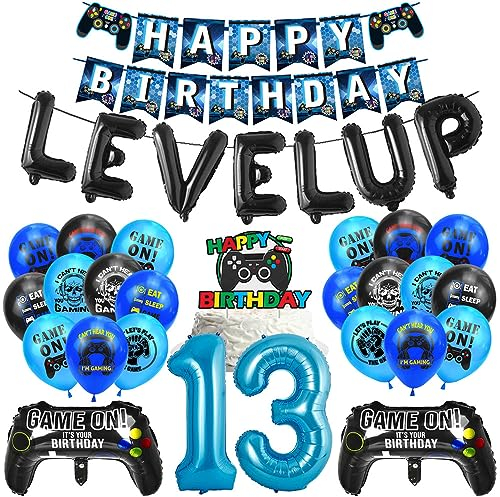 Gamer Geburtstags Deko 13. Geburtstag Ballon Set Videospiel Luftballons Zahl 13 Folienballon Happy Birthday Banner 13 Jahre Jungen Spiel Ballons Cake Topper für Kinder Game Thema Party Dekoration