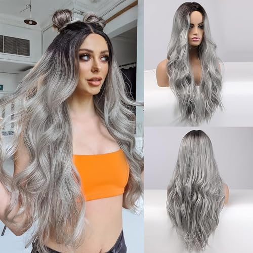 Halloween Perücke Grau Damen,Silber Grau Lang Lockig Natürlich,Halloween Perücke Damen,Synthetische Perücke,Alltag Cosplay Kostümparty Halloween Grey Wig