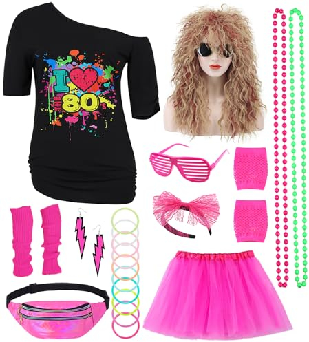 Mrsclaus 80er Jahre Outfit Damen 80 Jahre Kostüm Zubehör Set 80er T-Shirt Tutu Bauchtasche Ohrring Halskette Retro Neon 80 Jahre Outfit Party Kostüm Accessoires für Karneval Mottoparty 032M