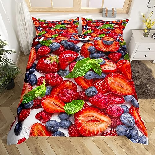 Homemissing Erdbeer-Bettbezug für Kinder, Kleinkinder, Obst, Joghurt, Trösterbezug, Blaubeer-Bettwäsche-Set, 3D-Tagesdecke, Dekoration, Steppbezug, Doppelbett