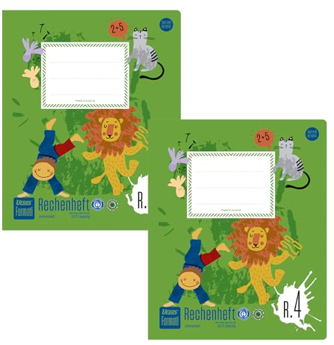 Formati Rechenheft R.4 Quart 20 Blatt kariert, 2 Stück, aus 100% Recyclingpapier, durchdachte Lineatur für schöne Zahlen