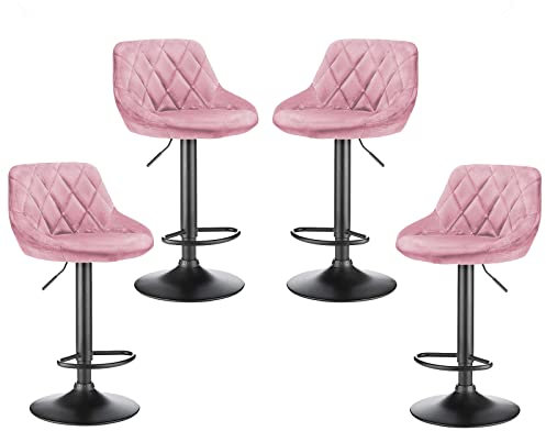 BBAUER Barhocker aus Samt, Barstuhl, Küche, Barhocker, höhenverstellbar und um 360 Grad drehbar, Barstuhl mit Fußstütze aus Metall, 84,5 – 105 cm (4, Rosa)