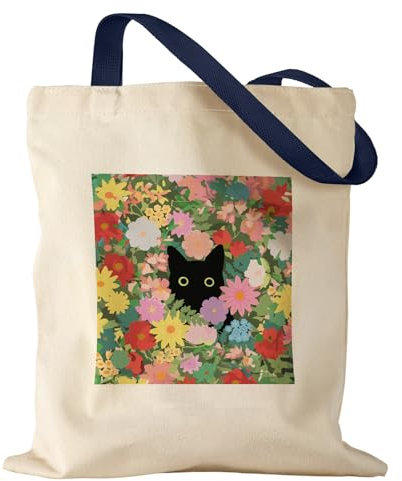Miss Adola Tote Bag for Women Girls Aesthetic Canvas Tote Bag Inspired Gift Reusable Casual Bag for Work Shopping Travel, Cat In Flower