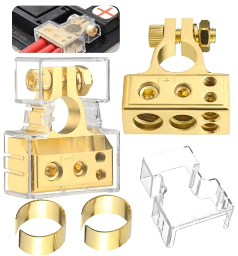 DNGH Batterieklemmen Batterie Polklemmen 0/4/8/10 AWG Autobatterie Klemmen Positiv & Negativ Battery Terminal mit Unterlegscheiben und Abdeckung Gold