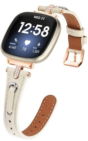 Gimuk Lederbänder Kompatibel mit Fitbit Versa 4/Versa 3 Armband für Frauen, Echtes Leder Armband Metall Bling Strass Ersatz Uhrenarmband Strap Armband für Sense 2/Sense, Small / Large, Leder, Diamant