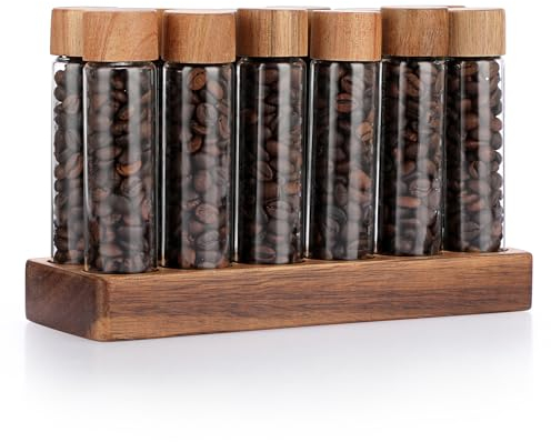 IGNPION Single Dose Coffee Bean Storage Tubes-20g Coffee Bean Cellar with Wooden Display Stand with 12pcs Tubes- Dosing Glass Vials With Lids for Cafe, Tea, Spices (60ml)