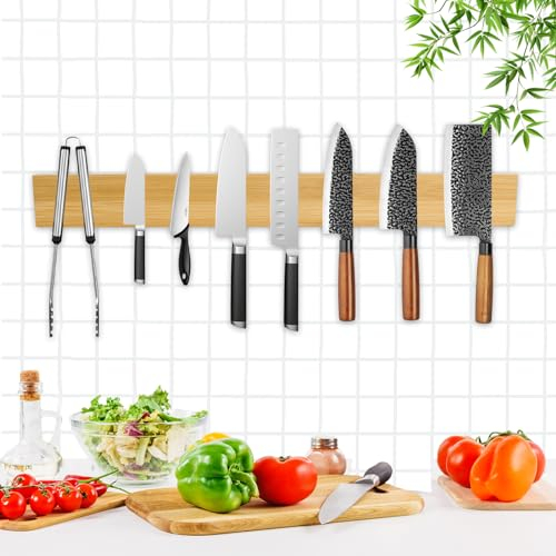 Barra Magnética para Cuchillos, 40cm Soporte Cuchillos Cocina de Bambú, Iman Cuchillos de Cocina, 16in Porte Magnético Cuchillos, Porta Cuchillos en Pared Cocina, Organizador Cuchillos de Cocina