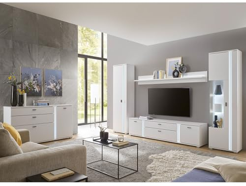 Wohnwand Set 5-teilig Wohnzimmermöbel Weiß Matt Modern 1 Vitrine, 1 Hochschrank, 1 Lowboard,1 Wandboard, 1 Sideboard inkl LED Beleuchtung