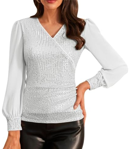 Damen 2024 Glitzer Top Lange Laternenärmel Herbst Winter Shirt Elegante V-Ausschnitt Tunika Pailletten Abendessen-Tops Silber L