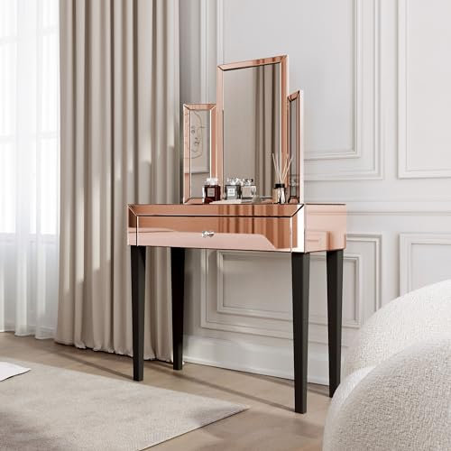 FABS Laguna & Paloma Collection - Rosegold Luxury Mirrored Dressing Table & Paloma Tri-fold Tabletop Mirror Bedroom Set - Drawer - Storage