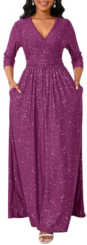 VERWIN Robe à paillettes avec col en V et manches 3/4 pour femme, taille smockée, robe de cocktail longue fluide avec poches, violet, M