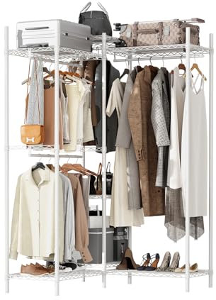 Redlife Kleiderständer, Kleiderstange mit 4 Hängefächer, Freistehend Kleiderschrank mit 7 Einlegeböden, 240KG Belastung Garderobe & Garderobenständer für Schlafzimmer, 196x170x36 CM (Weiß)