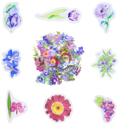 GroveEss 100Pcs Self-Adhesive Flowers Sticker,50 Patterns Floral Nature Themed Stickers,Transparent Elegant Plants Stickers for Scrapbooking Arts DIY Crafts Bullet Journals Laptops Decoration(Purple)