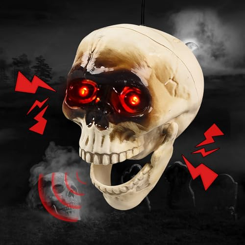 Halloween Deko Animiert Hängende Schädel mit Sound und Leuchten, Halloween Deko Skelett Gruselig Halloween Dekoration Animatronic Horror Totenkopf Skelett Geist für Innen Outdoor Garten Party Deko (A)