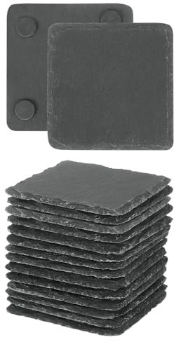 QUARKZMAN 16 Stück Schiefer-Getränkeuntersetzer, 4 Zoll Schwarze Quadratische Schiefer-Stein-Untersetzer mit Kratzfester Unterseite, Bar-Untersetzer Becher-Untersetzer