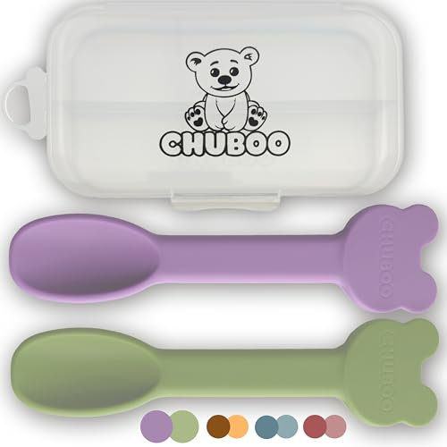 CHUBOO | Set Pappa Svezzamento Neonati | Bavaglino Silicone | Piatto con Ventosa per Bambini | Ciotola Svezzamento | Tazza |2x Cucchiaino Silicone Neonato (Verde Viola, Set Cucchiaini)