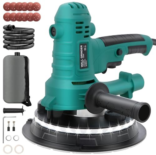 Levigatrice Per Muro 800 W,1200-2300r/min Levigatrice a Secco, conLuce LED, Aspirazione Polvere Automatica,Tubo Flessibile e 12 Dischi di Levigatura,Asta Telescopica