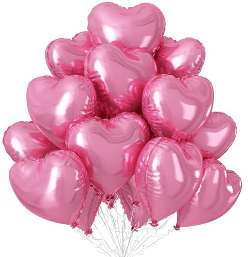 Moguri Lot de 12 ballons roses en forme de cœur de 45,7 cm avec 1 nœud blanc et 1 paille, ballons en aluminium pour mariage, anniversaire, Saint-Valentin, fête prénatale et décoration de fête