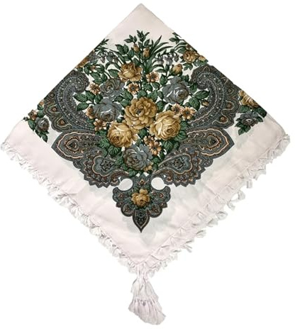 WENH 90 * 90 cm Russischen Nationalen Schal Frauen Retro Blumenmuster Tücher Russische Quadratische Schals Babuschka Kopftuch Hijab Wraps(White Green)