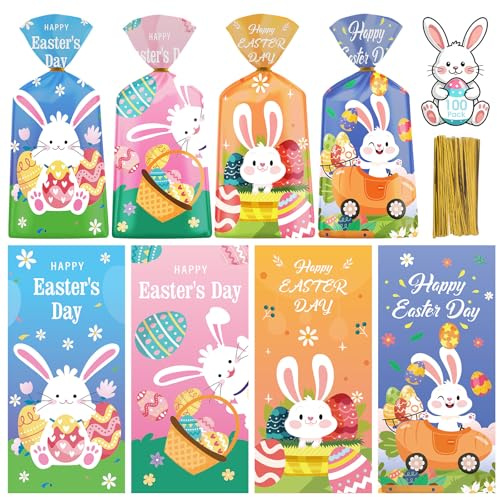 Litmitfu 100 Stück Happy Easter Leckerlibeutel – Süßer Hasen-Zellophanbeutel, Plastiktüten mit Bindebändern für Frühling, Ostern, Party, Gastgeschenke, 4 Stile