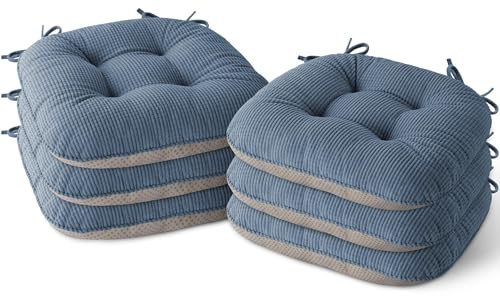 MineCozy Sitzkissen für Esszimmerstühle 6er Set, 43x40x7,5cm, Hellblau | Rutschfest, mit Bändern, getufteter strukturierter Stoff, für Küche, Arbeitszimmer, Esszimmer, Wohnzimmer