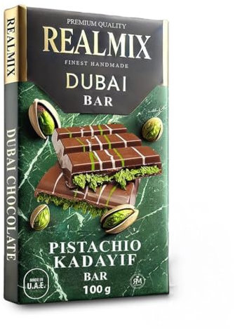 REALMIX Chocolate con Leche Dubái directamente desde Dubái EAU | Auténtico chocolate con leche Dubái con pistachos y relleno de Kunafa | Fabricado en Dubái E.A.U. | (Medium, Milk Chocolate)
