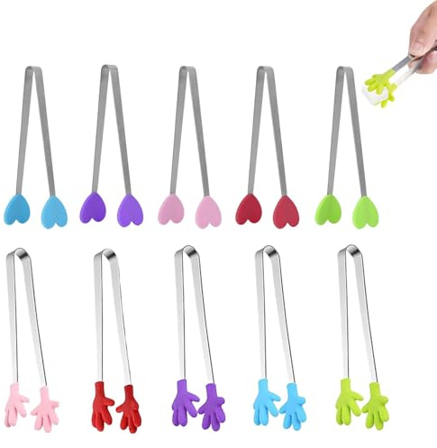 10 Stück Mini Zuckerzange Essen Clip, Multifunktionale Candy Bar Zubehör, Silikon Edelstahl Fingerfood Zubehör, Rutschfester Pinzette Kinder, Servierzange Klein für BBQ Süßes Eiswürfel Salat