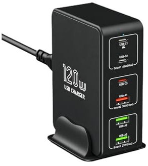 Estacion de Carga, Cargador USB tipo C de 120W, estación de carga de escritorio de 6 puertos, cargador rápido PD 65W for tableta portátil