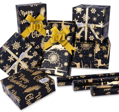 Larcenciel Papier Cadeau Noël Noir et Or – 3 Rouleau Emballage Cadeau Noel 3m x 43cm, Idéal pour Papier de Soie et Décoration Festive avec Art du Latte Doré et Autocollants, pour anniversaires, fêtes