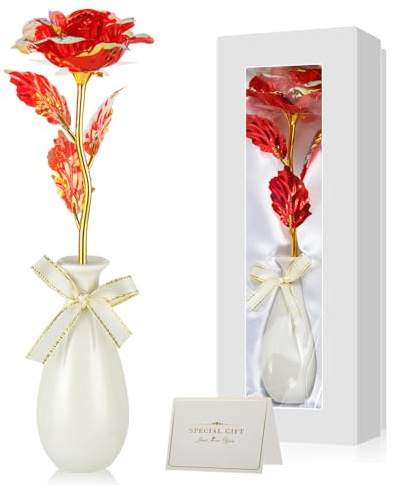 Ruibinlee Ewige Rose Rot, Muttertagsgeschenk für Mama, Schwiegermutter, Oma, Frau und Freundin Besondere Geschenk Muttertag Goldfolie Galaxy Rose Blume mit Vase