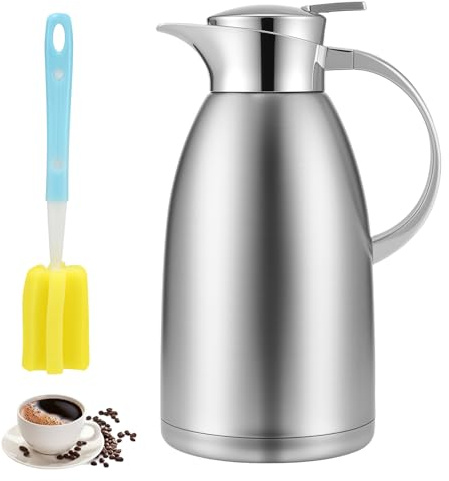 omolly 2.3L Thermal Coffee Carafe with Button Top, Stainless Steel Double-Wall Insulated Teapot with Cleaning Brush, Thermal Tea Flask, Vacuum Jug for Coffee, Milk, Tea, Beverage, Juice