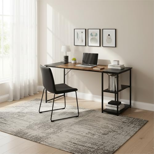FurnitureR Großer Schreibtisch, 120 cm, 2 integrierte Regale, höhenverstellbar, Tisch im Patchwork-Design, Retro, Braun und Schwarz, robuste Struktur, ideal für Telearbeit, Schlafzimmer oder Büro