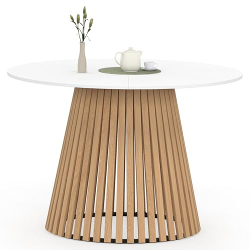 IDMarket - Runder Esstisch Carmen 6 Personen Holzfuß aus Latten und weiße Holzplatte 110 cm