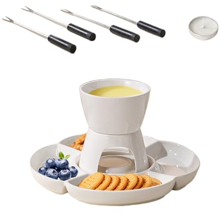 Service à fondue au chocolat – Pot à fondue en céramique avec base de bougie et plateau de service, kit complet à fondue avec fourchettes, fruits, fromage, desserts | pour dîner romantique, réunion de