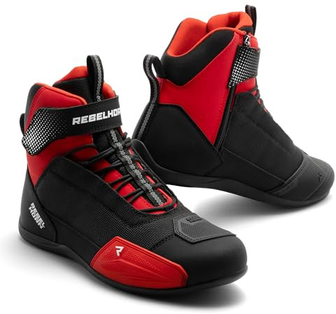 REBELHORN Swift Motorradstiefel Damen und Herren | PU Leder | Langer Reißverschluss | Knöchelprotektoren | Verstärkte Zehen | Mesh Belüftungspaneele