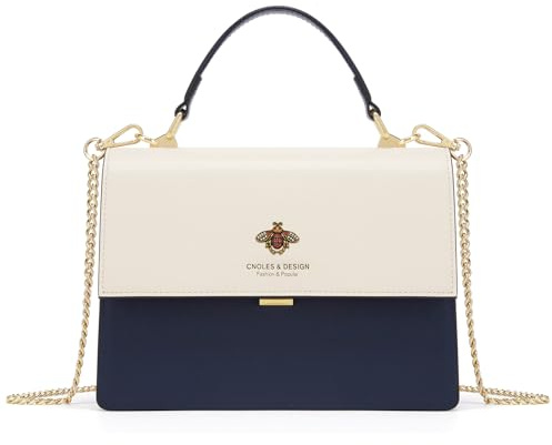 Cnoles Damen Umhängetaschen aus Leder mit Bienen-Emblem,2-in-1 Handtasche mit abnehmbarer Kette und Griff, Klapptasche für Damen