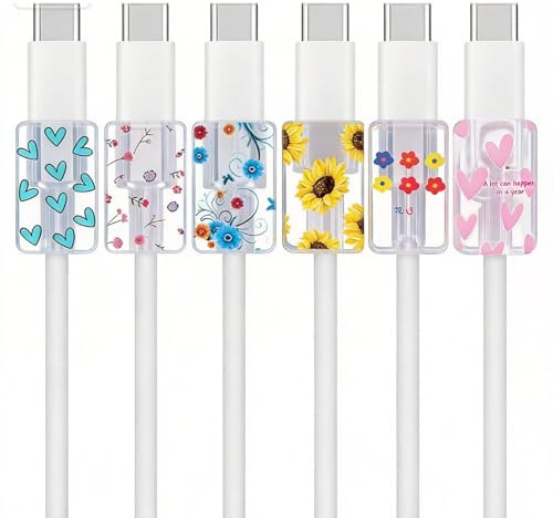 Avavani 6 Pcs Cute Flower & Heart Cable Protector for Chargers | Transucent Type-C Cord Saver, Phone Charger Accessories for Women Girls, Universal Fit Durable PTU