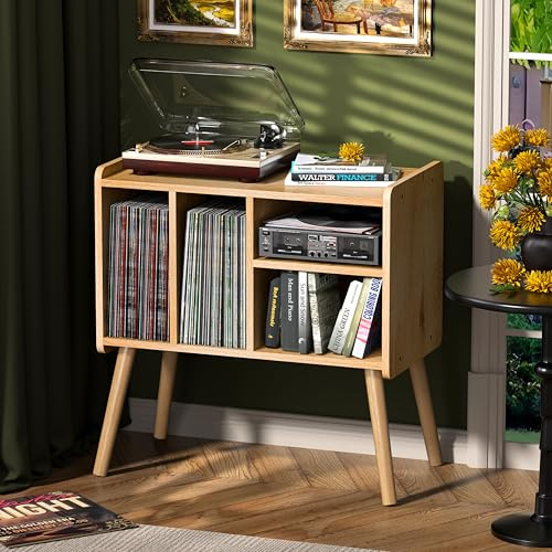 UODERS Record Player Table, Mid-Century Record Player Stand with Vinyl Storage Hold Up to 150+ Albums, Vinyl Record Cabinet with Adjustable Shelves, Wood Turntable Stand for Music Living Room, Walnut